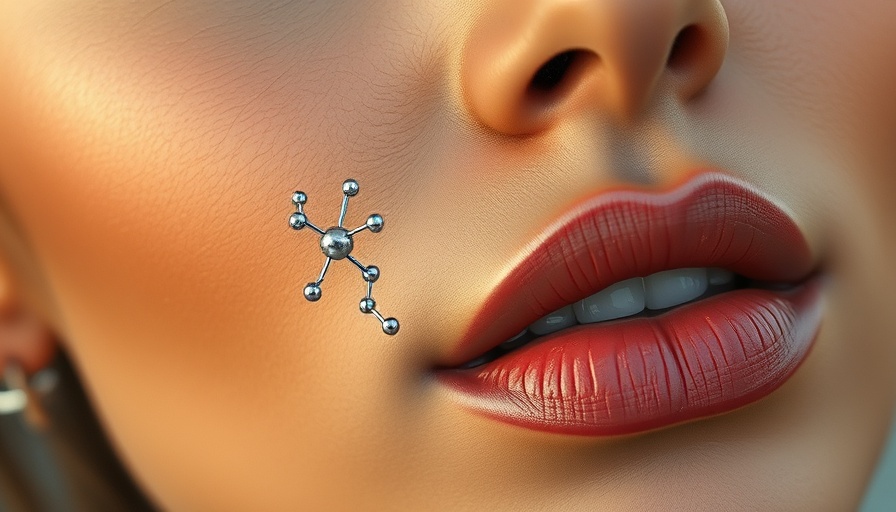 Close-up of a woman's face with molecular model, fibroblast rejuvenation concept.