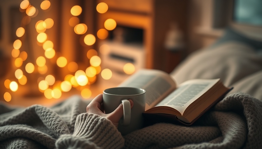 Cozy reading scene with mug and book surrounded by warm lights.