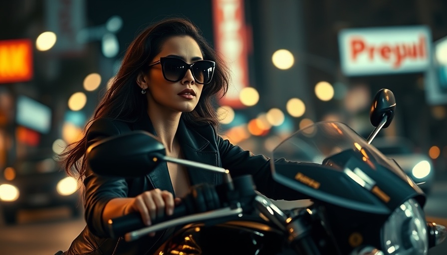 Stylish woman on motorcycle against neon-lit urban background.