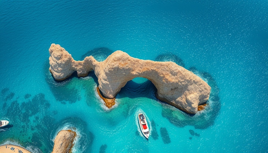 Cabo vacation planning: aerial view of Los Cabos arch and boats.