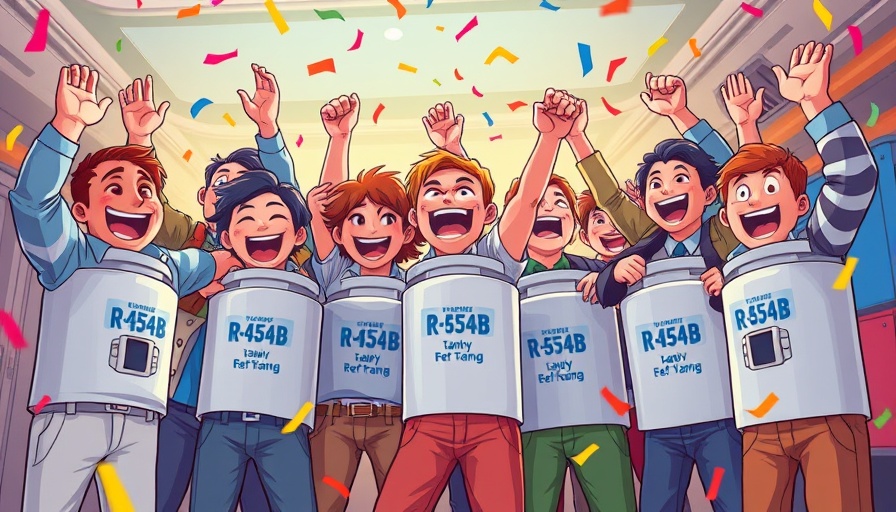 Cartoon team celebrating R-454B refrigerant solution, colorful.