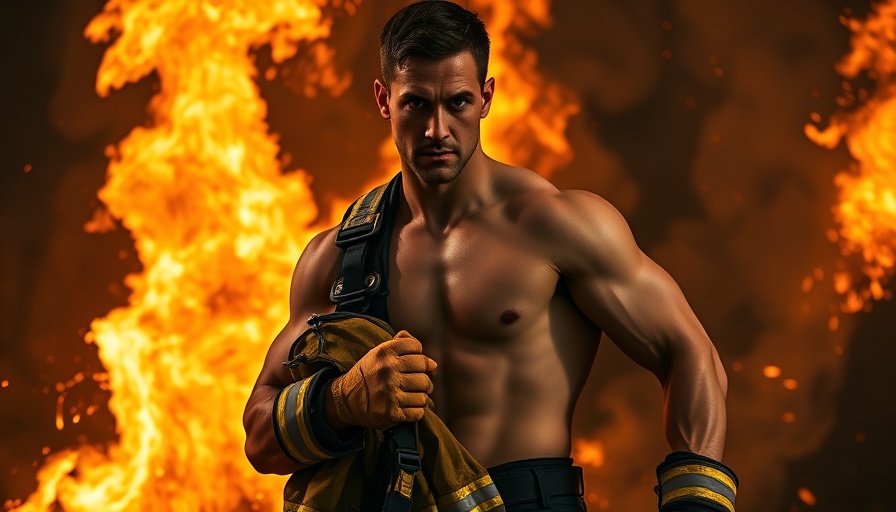 Muscular man surrounded by flames, holding fireman gear.