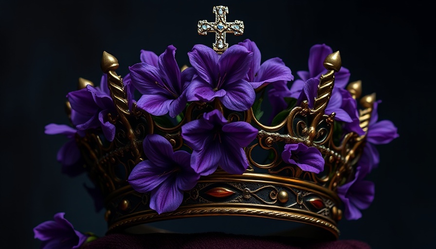 Historical fiction mystery book cover featuring a crown and purple flowers.