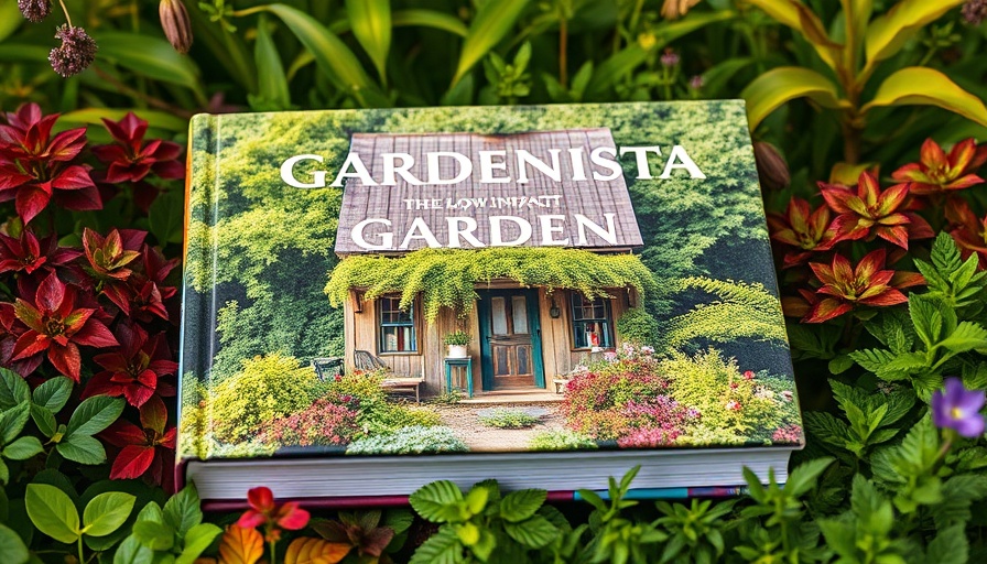Book on sustainable gardening surrounded by lush greenery.