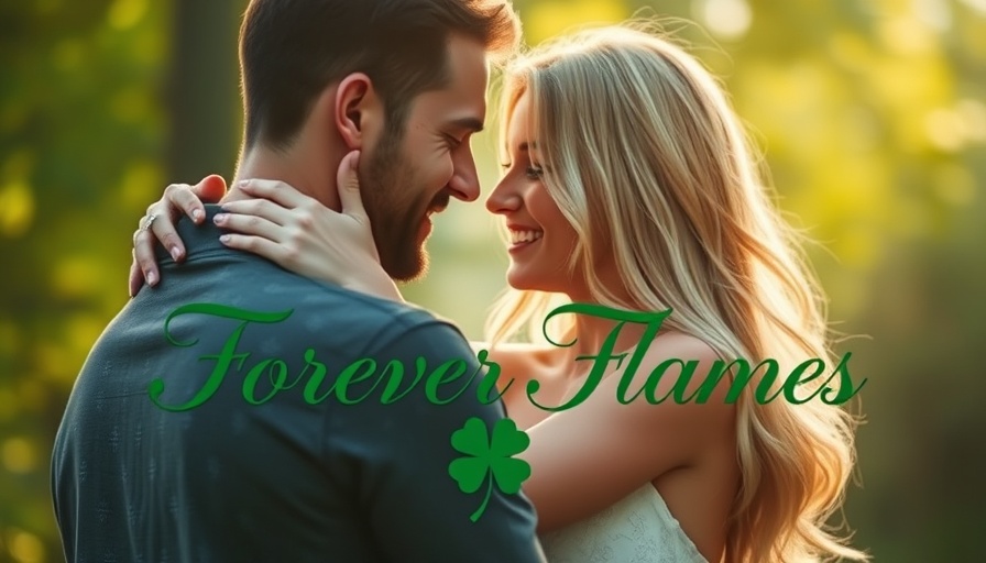 Couple embracing on 'Forever Flames' book cover with Irish motifs.