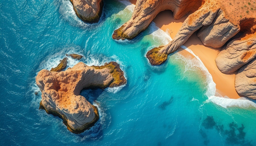 Aerial view of Cabo's coastline, vibrant ocean and sandy beach.