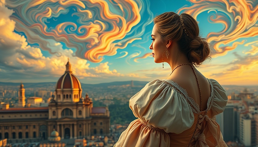 Underrated historical fiction scene, woman in vintage dress, surreal backdrop.