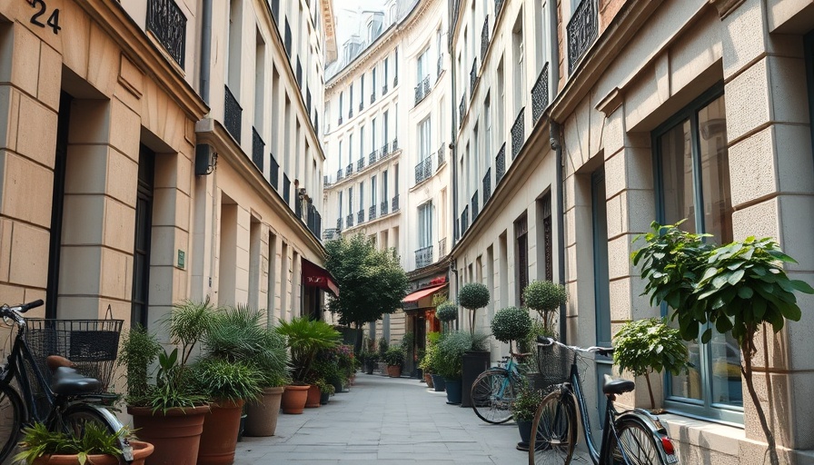 Charming alleyway in Paris with plants and buildings.