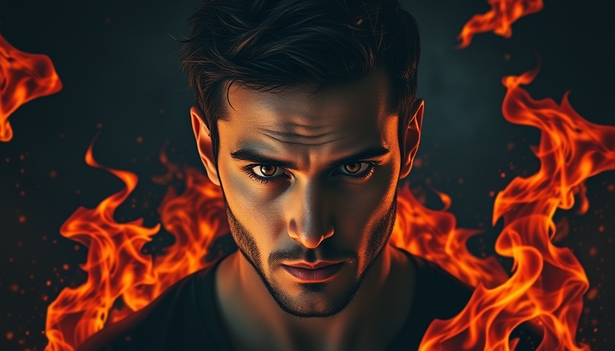 Intense male portrait with fiery graphics, cinematic photo