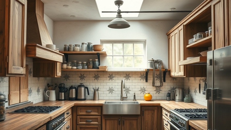 Rustic country kitchen design with open shelves and tile backsplash.