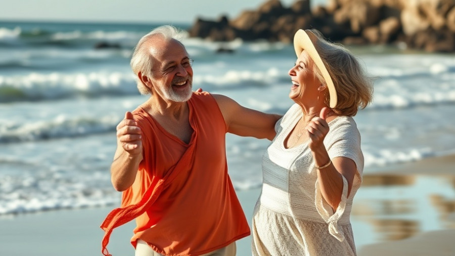 Older couple dancing on Cabo beach, joyful scene.