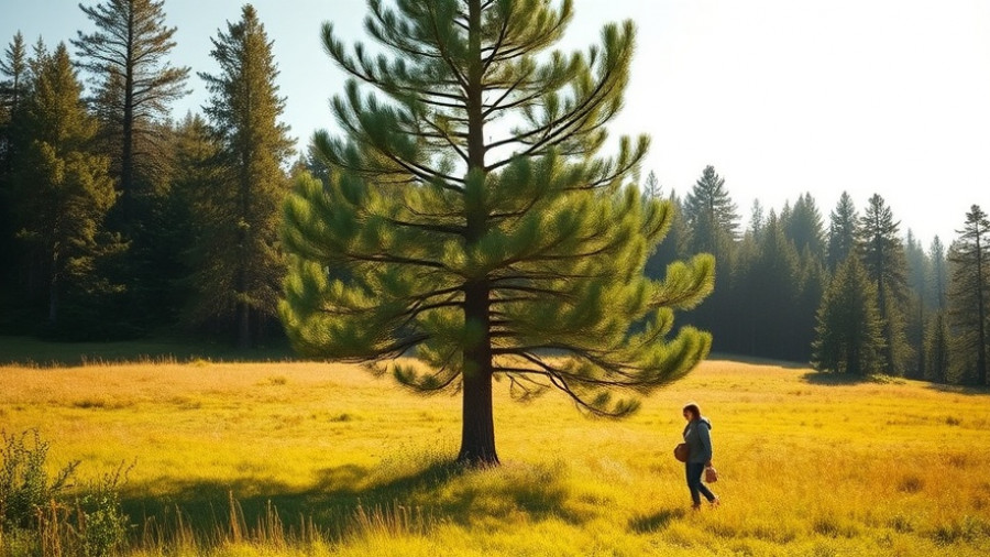 Tall pine tree in meadow with person collecting pine cones, DIY Pine Cone Door Surround.