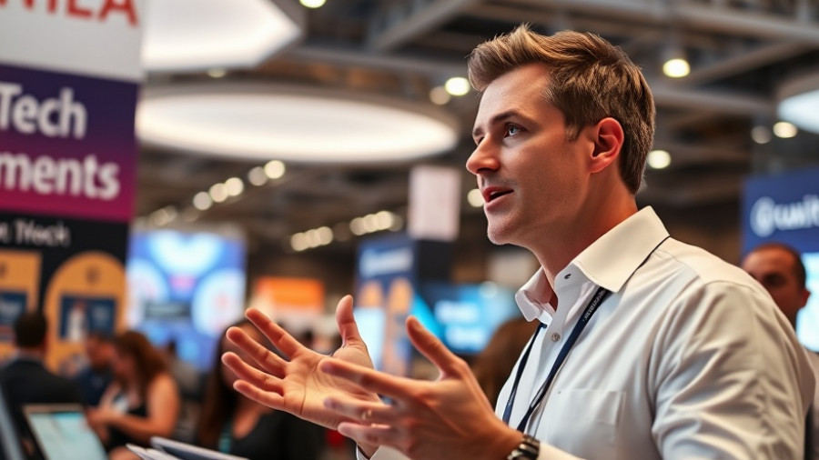 Businessman speaks about HVAC contractors adopting AI at a tech conference booth.