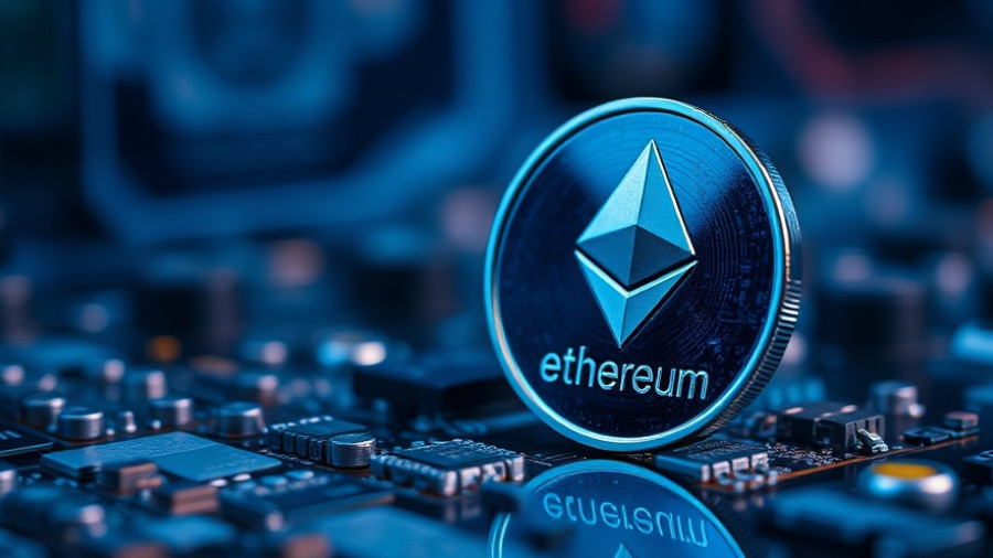 Ethereum coin symbolizing scalability issues with tech backdrop.