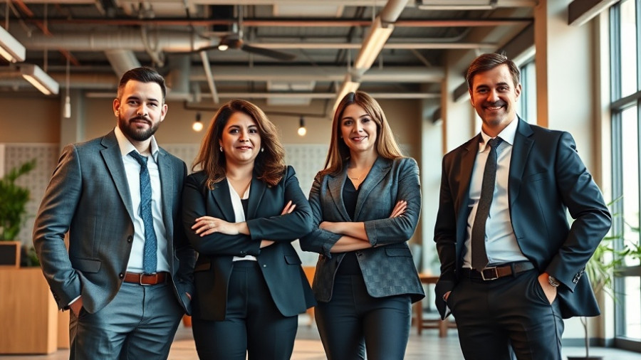 Four professionals at Synergy 2025 Leadership Forum in an industrial office.