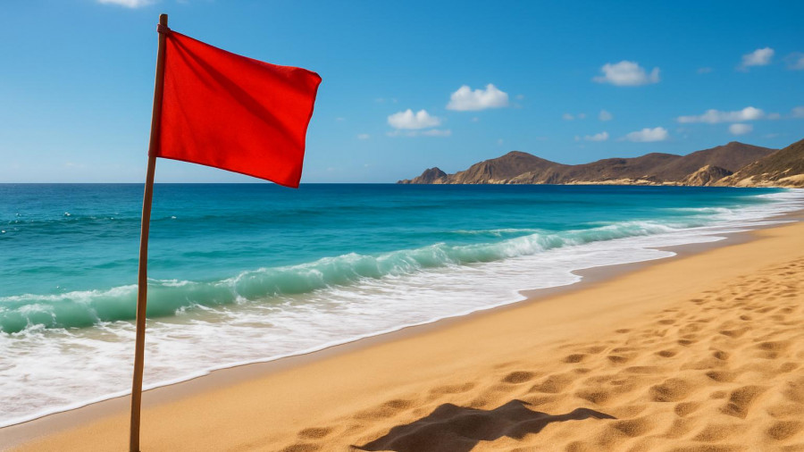 Los Cabos beach with a red flag for safety guide.