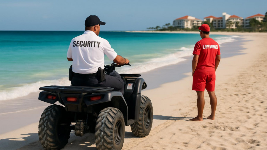 Security officer on ATV and lifeguard at Los Cabos beach
