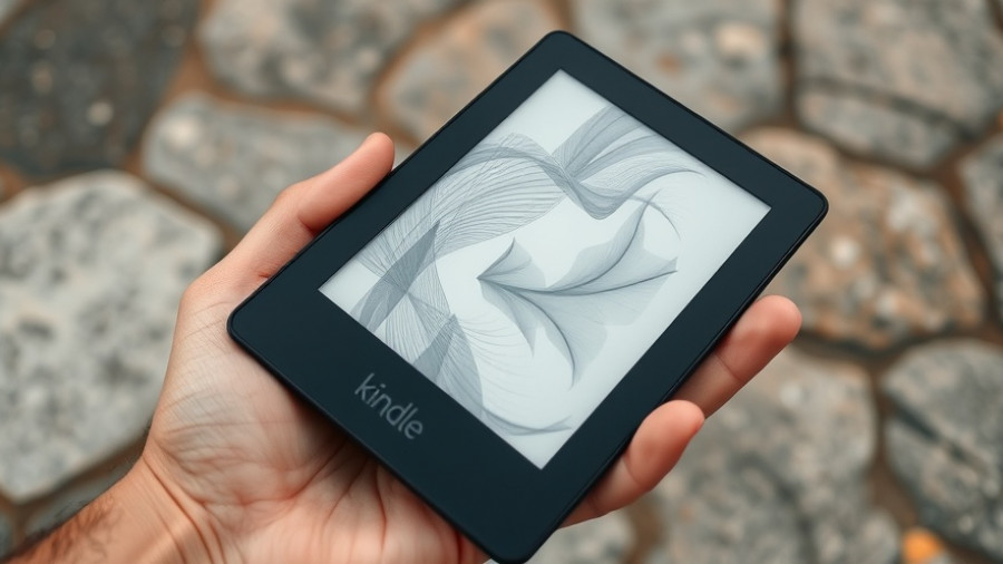 Close-up of Kindle device displaying pattern, on textured background.