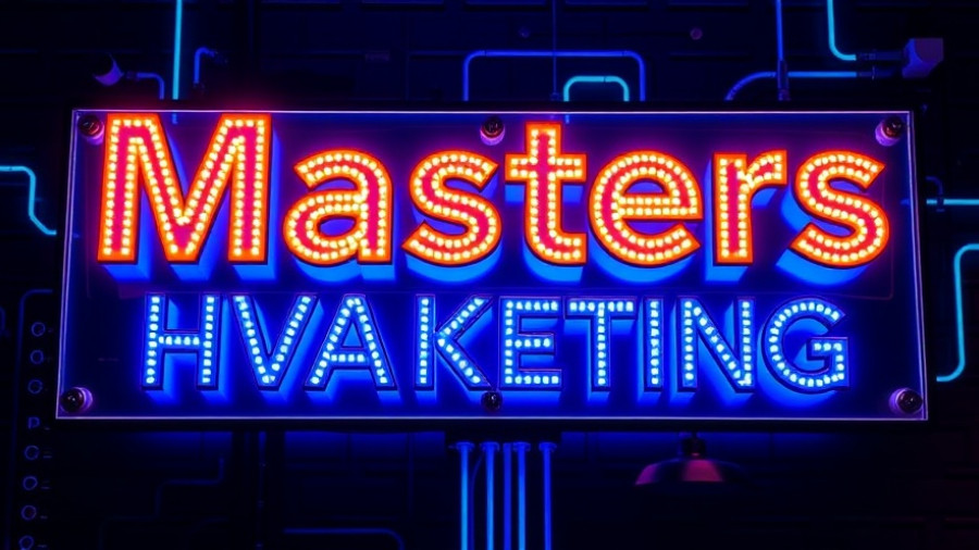 Neon-style 'Masters of HVAC Marketing' sign, tech-themed background.