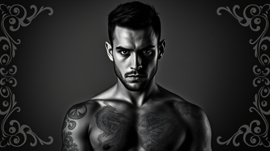 Brooding man with tattoos in black and white, intense gaze, Dark Arranged Marriage Mafia Romance