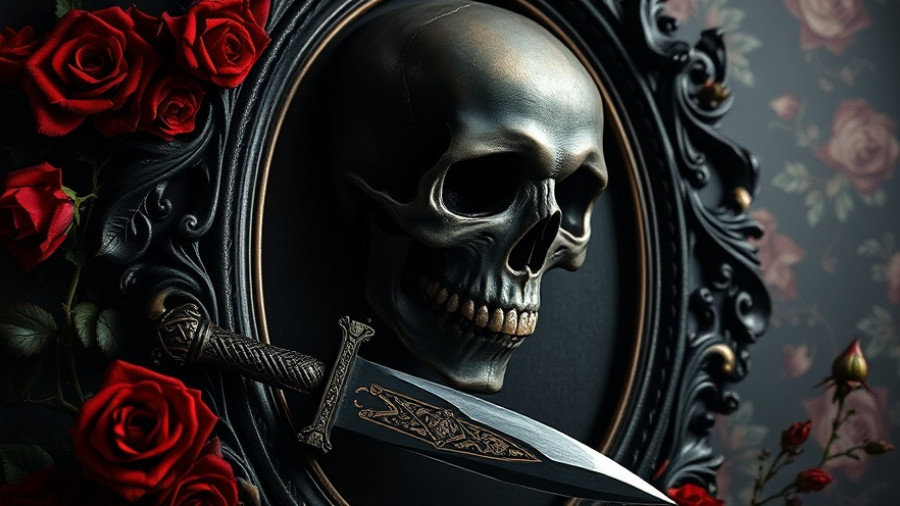 Dark romance novel cover with a skull and dagger theme.