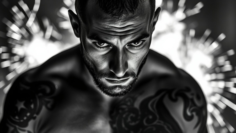 Monochrome portrait of tattooed man with intense expression.
