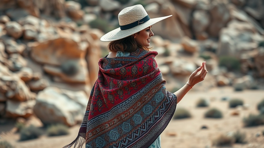 Elegant woman in a hat shows off patterned scarf in desert.