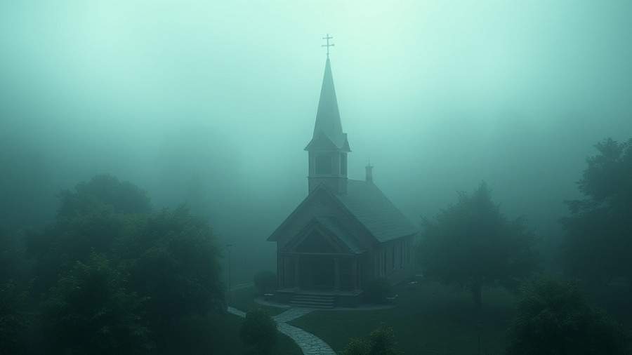 Eerie small-town church surrounded by mist, conveying mystery.