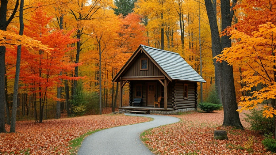 Quaint wooden cottage on Bovina Farm Off-Grid in autumn forest.