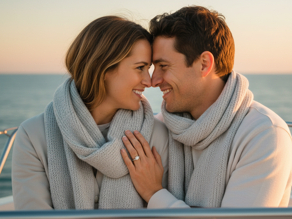 Sunset cruise itinerary Cabo couple wrapped in jackets on boat deck enjoying peaceful dusk