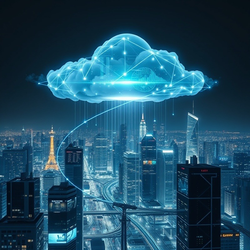 Futuristic AI cloud system over a glowing city skyline at night, showcasing data visibility.