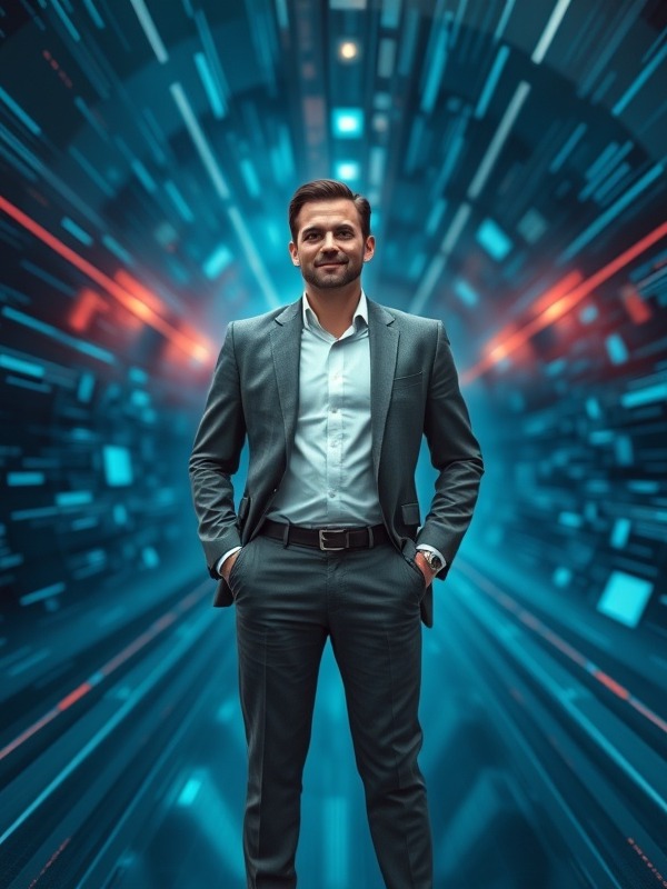 Confident business leader in a futuristic data tunnel, representing AI-powered clarity.