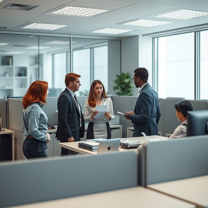 Professionals discussing workplace regulations in modern office.
