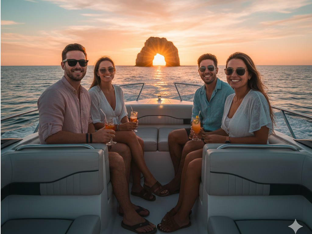 Sunset cruise itinerary Cabo boat sailing near El Arco with passengers enjoying drinks and photography during vibrant sunset
