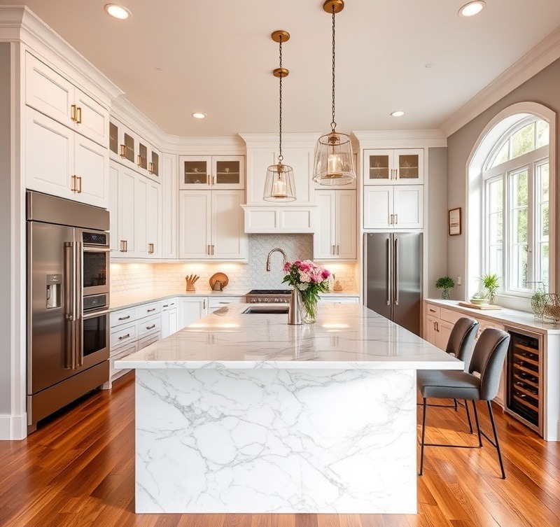 Luxury kitchen interior with elegant design and marble island.