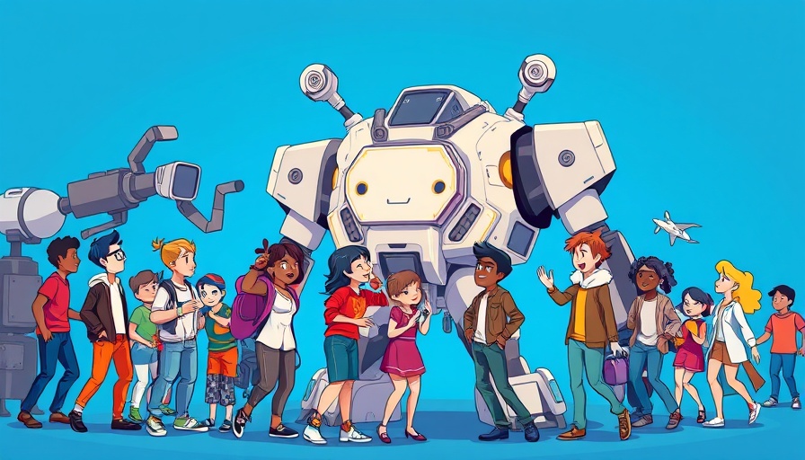 AI Protection illustration with diverse people interacting with robots.