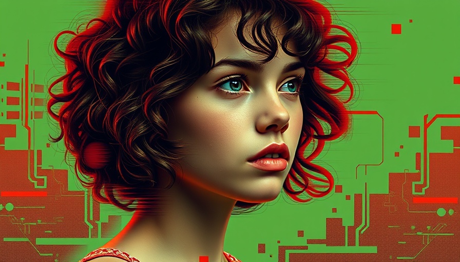 Digital art of young woman with glitch effect reflecting AI simulation.