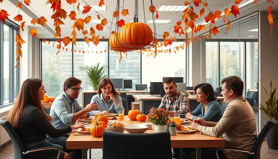 Office Thanksgiving celebration with festive autumn decor.