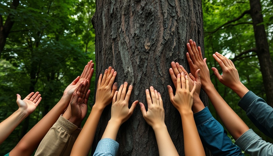 Diverse hands on tree trunk symbolizing unity against employee burnout.