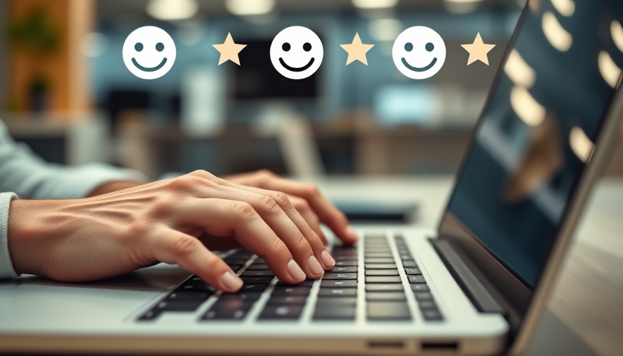 Hands using laptop with digital smiley faces and stars, Employee Engagement Technology.