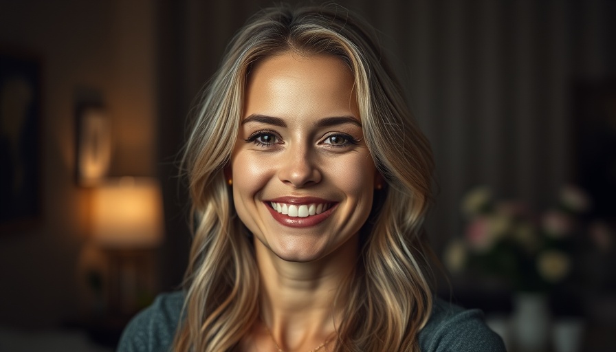 Smiling woman in dim room, symbolizing human capital.