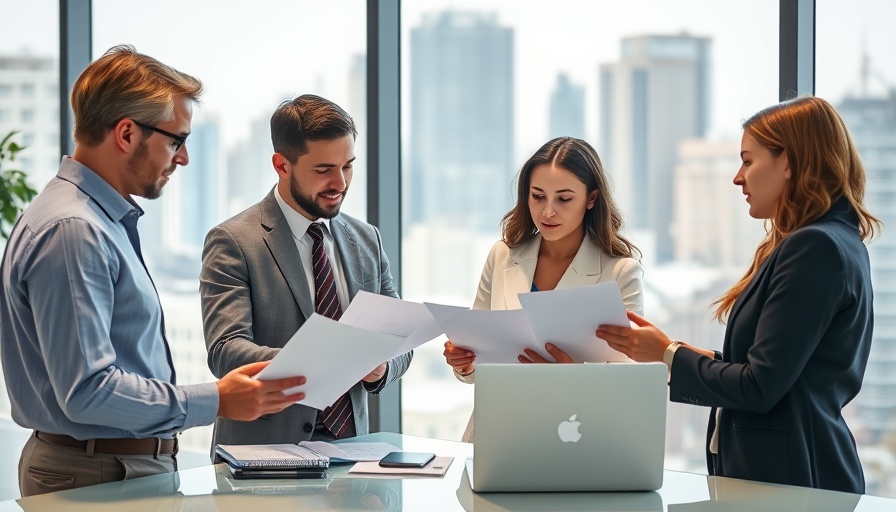 Business team discussing strategy in modern office, city view.