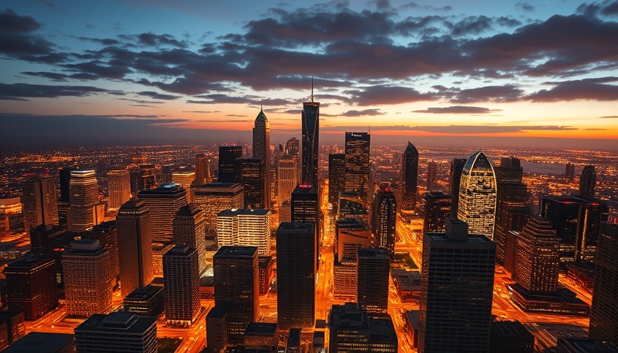 Houston commercial real estate skyline at dusk with city lights.