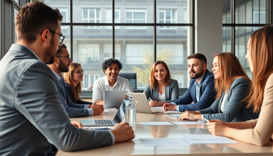 Diverse team discussing employee well-being in modern office.