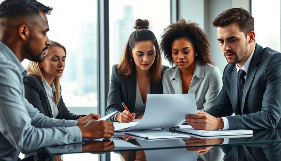 Business professionals discussing compliance in a modern office.