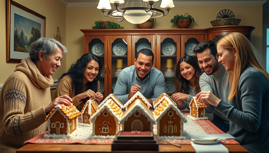 Military family support gathering, people decorating gingerbread houses.