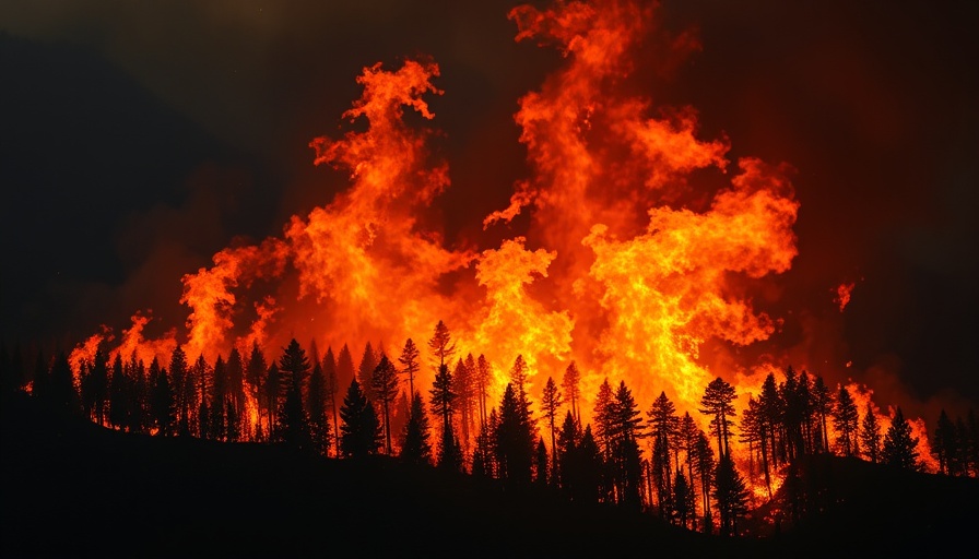 Intense wildfire blazing through a forest at night