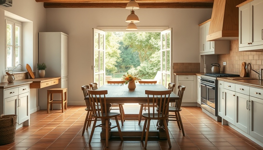 Rustic LA kitchen open to a sunlit garden view.
