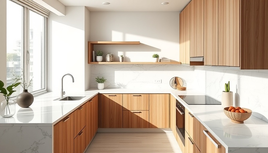 Elegant minimalist tiny kitchen design with wooden and marble details.