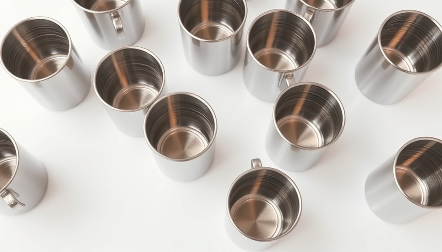 Shiny stainless steel cups on a white background reflecting light.